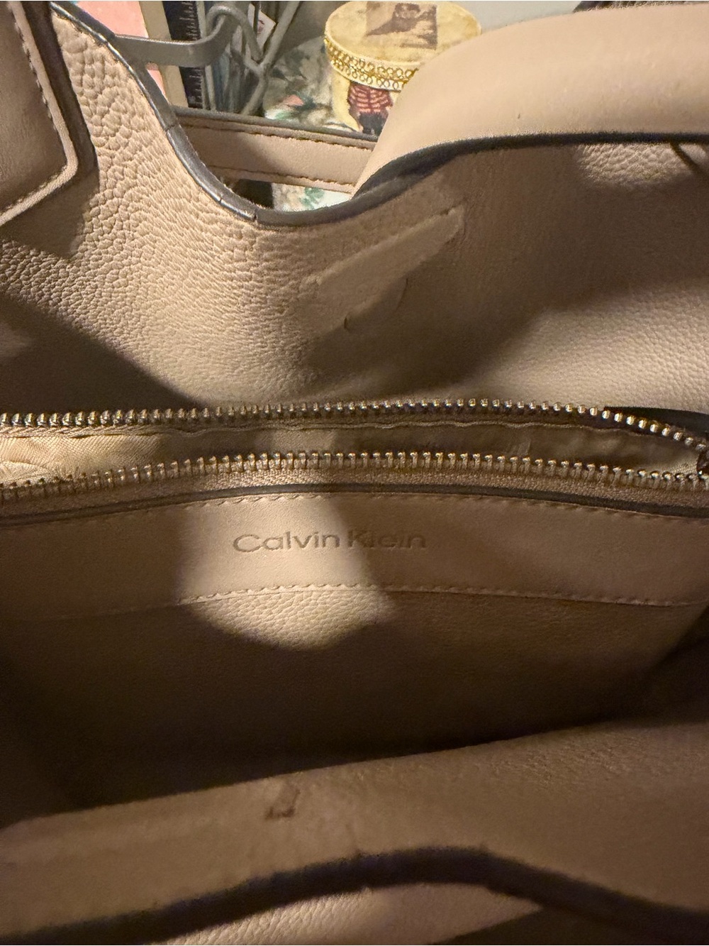 Calvin Klein Neutral Taupe Leather Tote with Zip Organizer